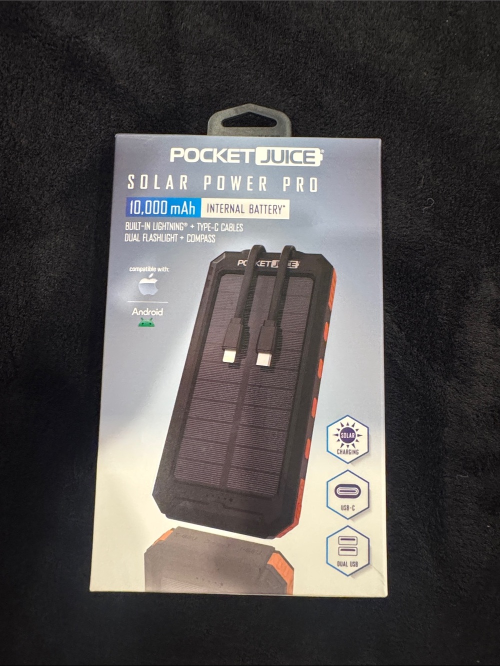 Solar Power Pro 10,000mAh Portable Charger - Black with Orange Accents